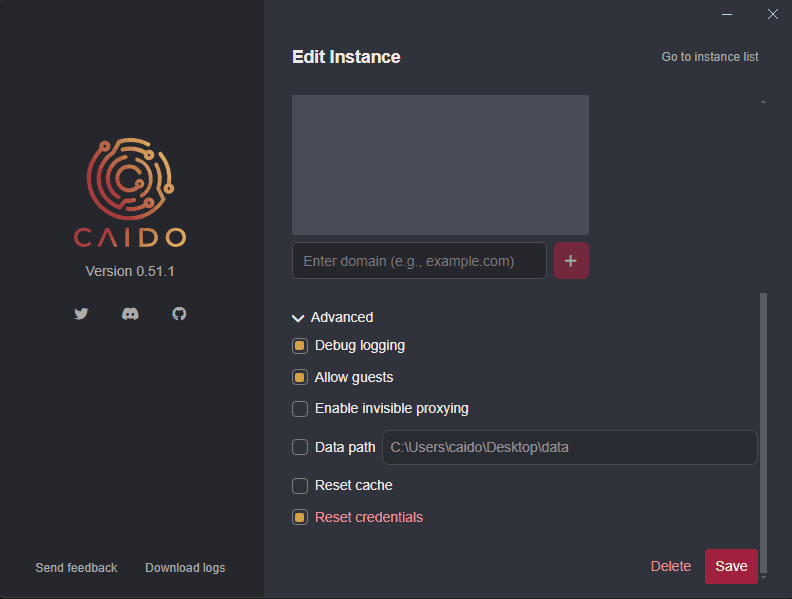 The Advanced instance options.
